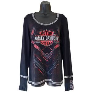 Harley Davidson Shirt Womens Size Large Red Skull Long Sleeve Foil Biker